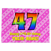 47誕生日：ピンクストライプのハート、レインボー# 47 ラージペーパーバッグ (裏面)