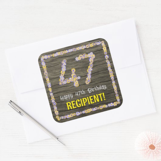 47誕生日:フローラ番号フェイク、木目、名前 スクエアシール (封筒)