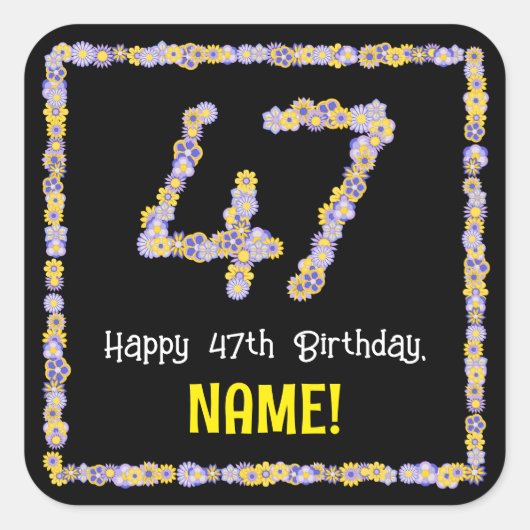 47誕生日:フローラ花数名前をカスタムする スクエアシール (正面)