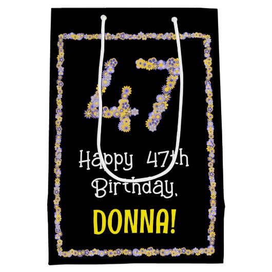 47誕生日:フローラ花数名前をカスタムする ミディアムペーパーバッグ (裏面)