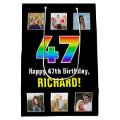 47誕生日：レインボー「47」、写真カスタムと名前 ミディアムペーパーバッグ (裏面)