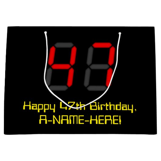 47誕生日：レッドデジタルクロックスタイル"47" +名前 ラージペーパーバッグ (正面)