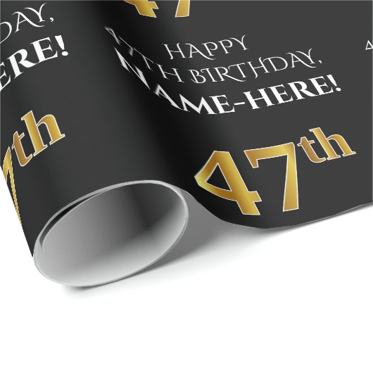 47誕生日:黒、エレガント金ゴールドルフェイクック ラッピングペーパー (ロールコーナー)