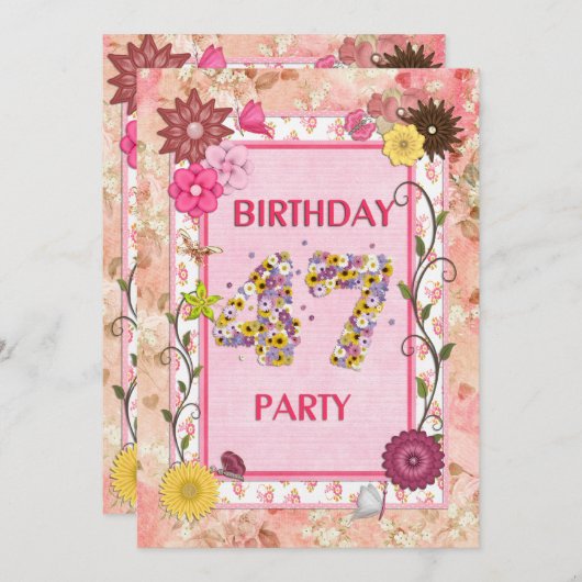 47th誕生日パーティーへの招待とフローラ枠 招待状 (正面/裏面)