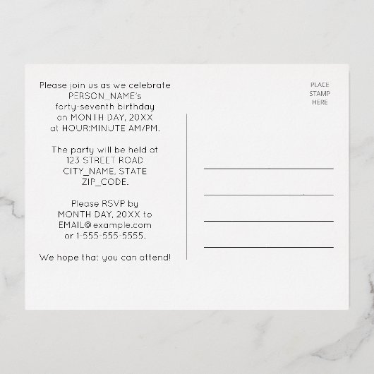 47th誕生日パーティー~アールデコスタイル「47」 +名前 箔招待状ポストカード (裏面)