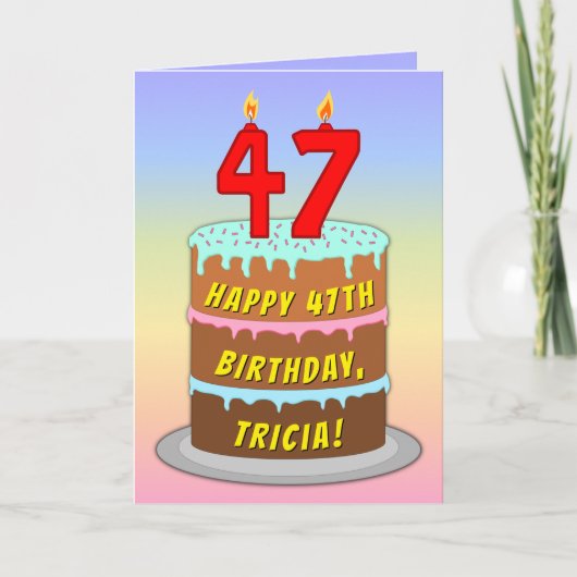 47th Birthday — Fun Cake & Candles, w/ Custom Name カード (正面)