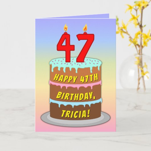 47th Birthday — Fun Cake & Candles, w/ Custom Name カード (黄色い花)