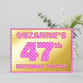 47th Birthday Party — はっきりした、おもしろい、ピンクストライプ色47 箔招待状 (立ち正面)