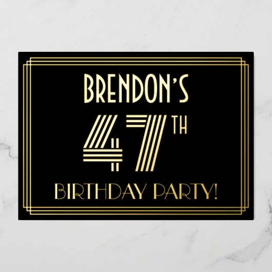 47th Birthday Party —アールデコスタイル「47」 +名前 箔招待状 (正面)
