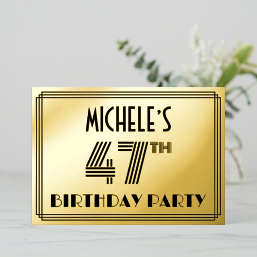 47th Birthday Party —アールデコスタイル「47」 & Name 箔招待状 (立ち正面)