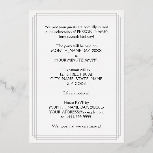 47th Birthday Party – スクリプファンシートと名前をカスタムする 箔招待状 (裏面)