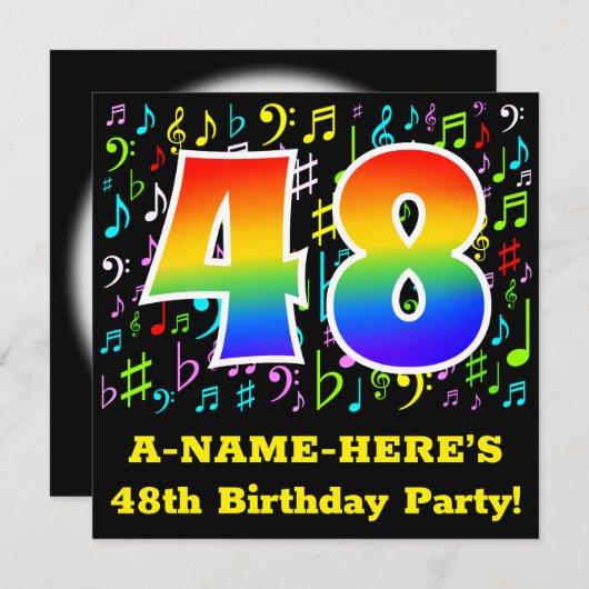 48歳の誕生日パーティー：おもしろいミュージックシンボル，レインボー48 招待状 (正面/裏面)