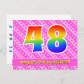 48歳の誕生日:ピンクのストライプとハート、レインボー48 ポストカード (正面/裏面)