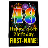 48誕生日:おもしろい花火パターン+虹48 ミディアムペーパーバッグ (正面)