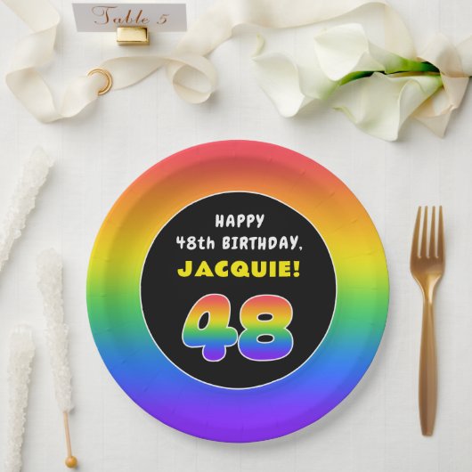 48誕生日:カラフルレインボー# 48、名前をカスタムする ペーパープレート (ウェディング)