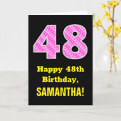 48誕生日:ピンクストライプのハートと48" +名前 カード (黄色い花)