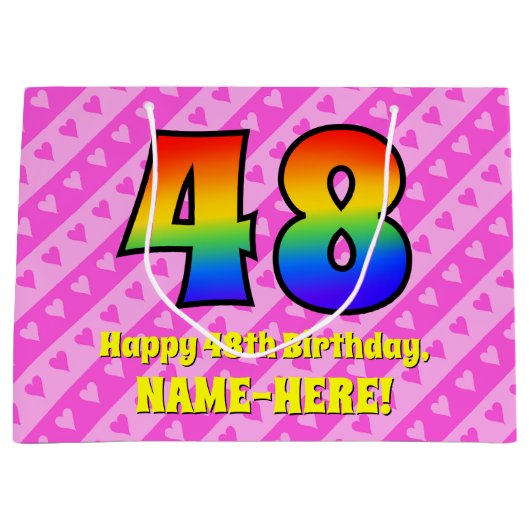 48誕生日：ピンクストライプのハート、レインボー# 48 ラージペーパーバッグ (正面)