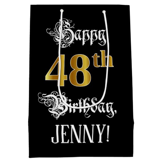 48誕生日～ファンシースクリプト；フェイク金ゴールド検索；名前 ミディアムペーパーバッグ (裏面)