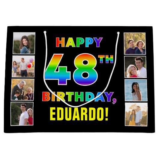 48誕生日：レインボー文字、カスタム写真&名前 ラージペーパーバッグ (正面)