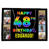 48誕生日：レインボー文字、カスタム写真&名前 ラージペーパーバッグ (裏面)