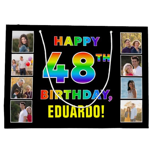 48誕生日:レインボー文字、カスタム写真&名前 ラージペーパーバッグ (裏面)