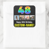 48誕生日:レインボー「48」、写真カスタムと名前 スクエアシール (バッグ)