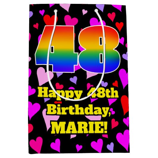 48誕生日:愛するハートパターン、虹# 48 ミディアムペーパーバッグ (正面)