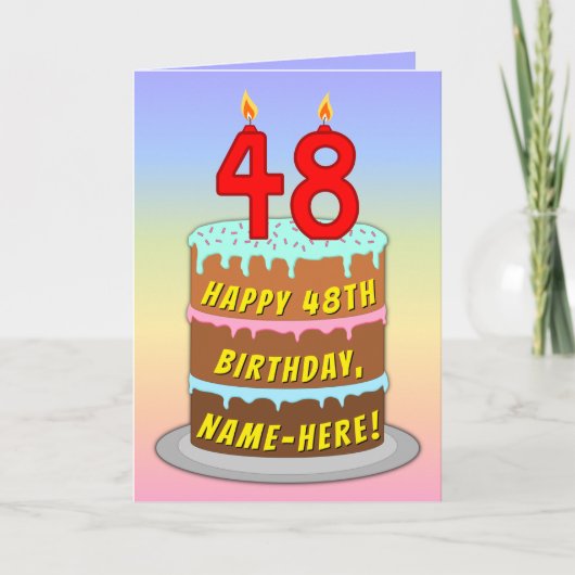 48th Birthday — Fun Cake & Candles, w/ Custom Name カード (正面)