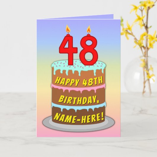 48th Birthday — Fun Cake & Candles, w/ Custom Name カード (黄色い花)
