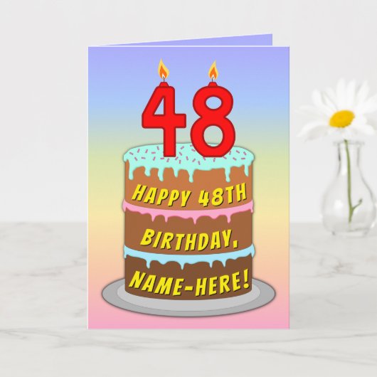 48th Birthday — Fun Cake & Candles, w/ Custom Name カード (小さな植物)