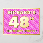 48th Birthday Party —おもしろいピンクのハートとストライプ 箔招待状 (正面)