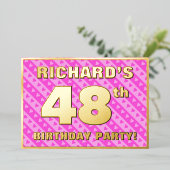 48th Birthday Party —おもしろいピンクのハートとストライプ 箔招待状 (立ち正面)