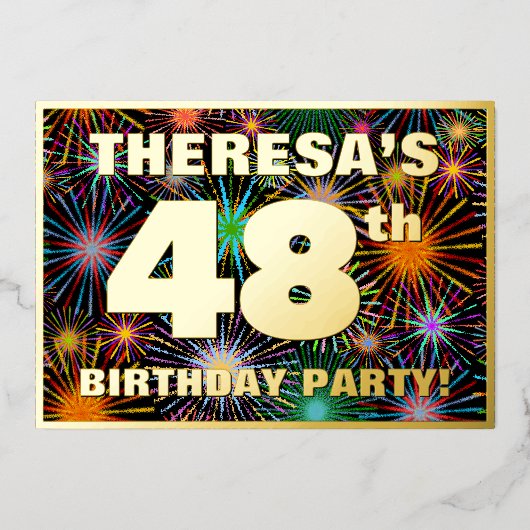 48th Birthday Party —おもしろい、カラフルFireworks Look 箔招待状 (正面)