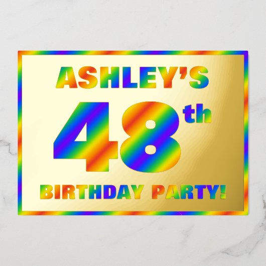48th Birthday Party —おもしろい、レインボースペクトル「48」 箔招待状 (正面)