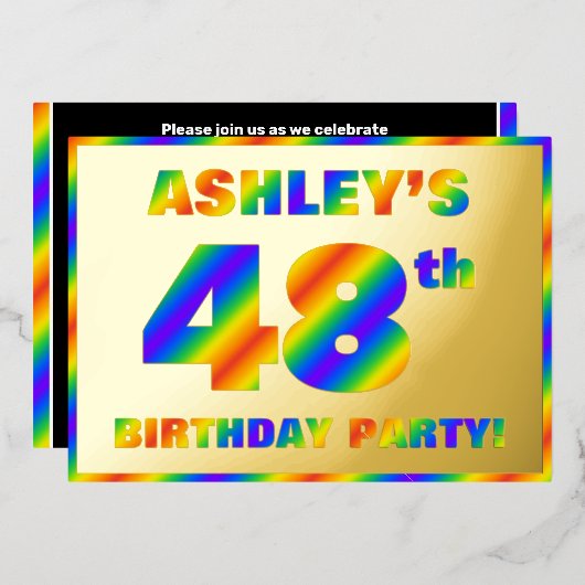 48th Birthday Party —おもしろい、レインボースペクトル「48」 箔招待状 (正面/裏面)