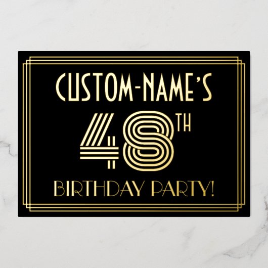 48th Birthday Party —アールデコスタイル「48」 +名前 箔招待状 (正面)