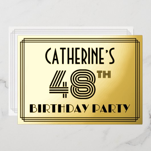 48th Birthday Party —アールデコスタイル「48」 & Name 箔招待状 (正面/裏面)