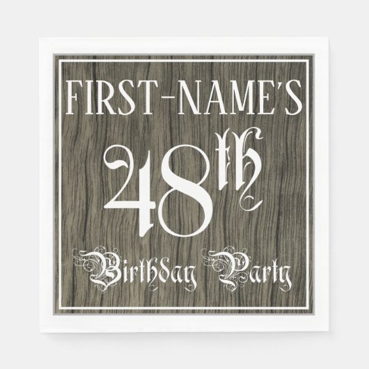 48th Birthday Party — ファンシー Script, フェイク Wood Look スタンダードランチョンナプキン (正面)