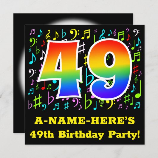 49歳の誕生日パーティー:おもしろいミュージックシンボル,レインボー49 招待状 (正面/裏面)
