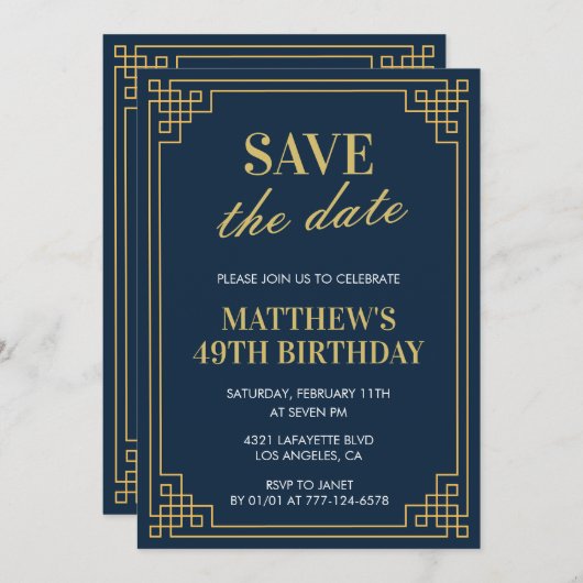49歳の誕生日招待状メンズSave the date Navy 招待状 (正面/裏面)