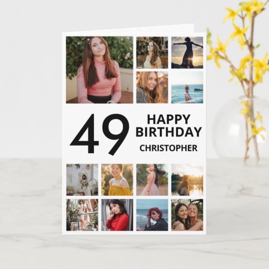 49誕生日フォトコラージュ13フォト白黒 カード (黄色い花)