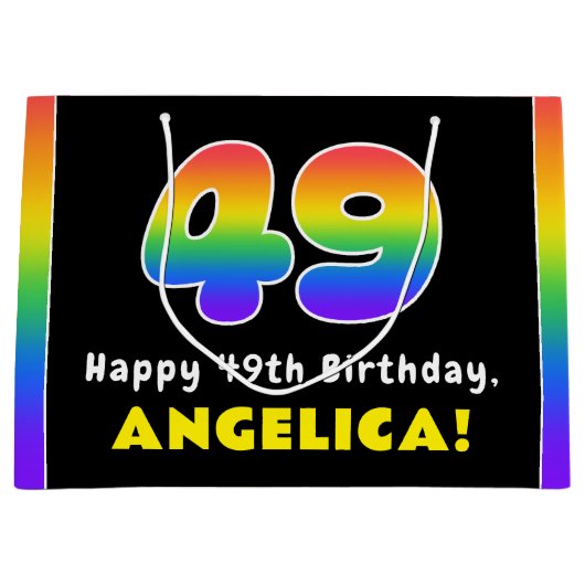 49誕生日:カラフルレインボー# 49,名前をカスタムする ラージペーパーバッグ (正面)