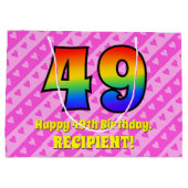 49誕生日：ピンクストライプのハート、レインボー# 49 ラージペーパーバッグ (裏面)