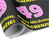 49誕生日:ピンクストライプ色のハートと"49" +名前 ラッピングペーパー (ロールコーナー)