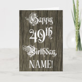 49誕生日:ファンシー、エレガント文字フェイク、木目 カード (正面)