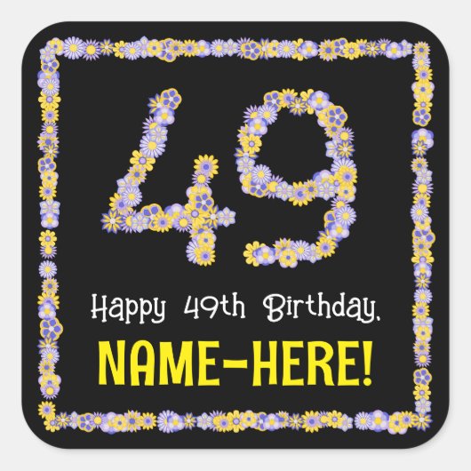 49誕生日:フローラ花数名前をカスタムする スクエアシール (正面)