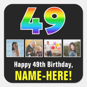 49誕生日:レインボー「49」、写真カスタムと名前 スクエアシール