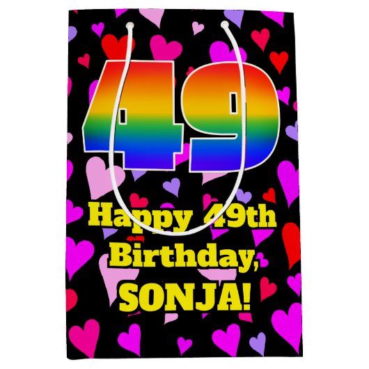 49誕生日:愛するハートパターン、虹# 49 ミディアムペーパーバッグ (正面)