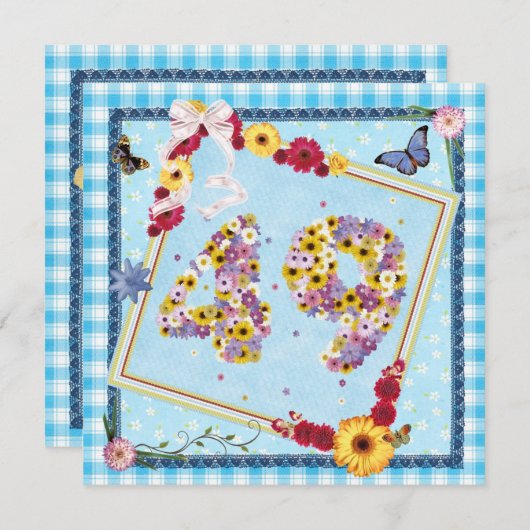 49th誕生日パーティー招待の花、蝶 招待状 (正面/裏面)