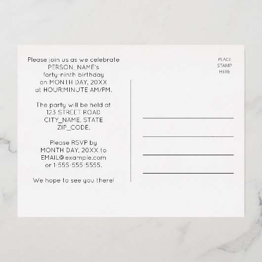 49th誕生日パーティー~アールデコスタイル「49」 +名前 箔招待状ポストカード (裏面)